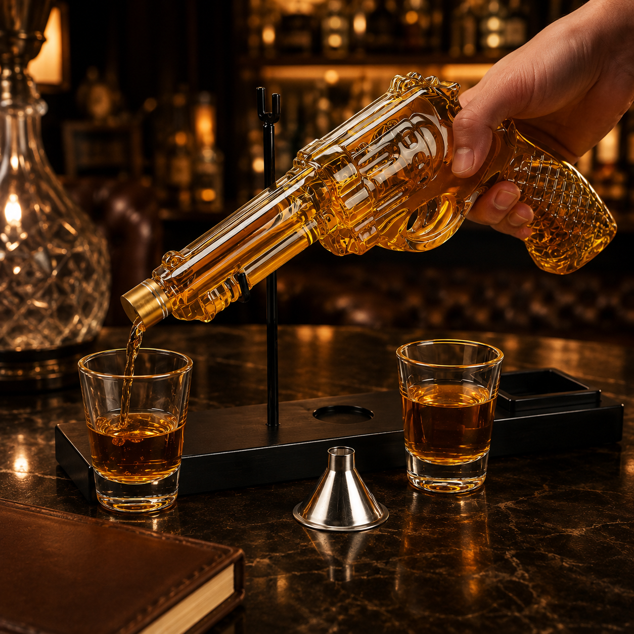 Set Decantor Whisky „Revolver” cu 2 Pahare și Suport Premium – Cadou pentru El