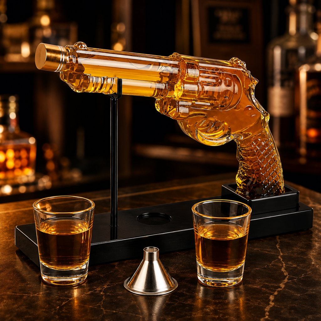 Set Decantor Whisky „Revolver” cu 2 Pahare și Suport Premium – Cadou pentru El