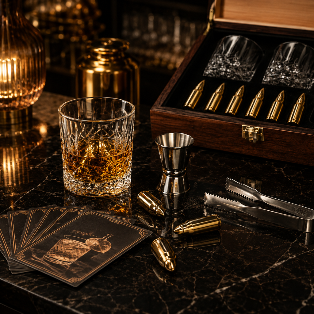 Set Premium Whisky cu 2 Pahare și 6 Pietre de Răcire Tip Glonț – Cutie Cadou din Lemn