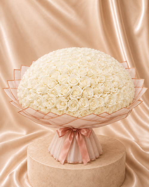Buchet Éternelle Blanc – 101 Trandafiri Artizanali
