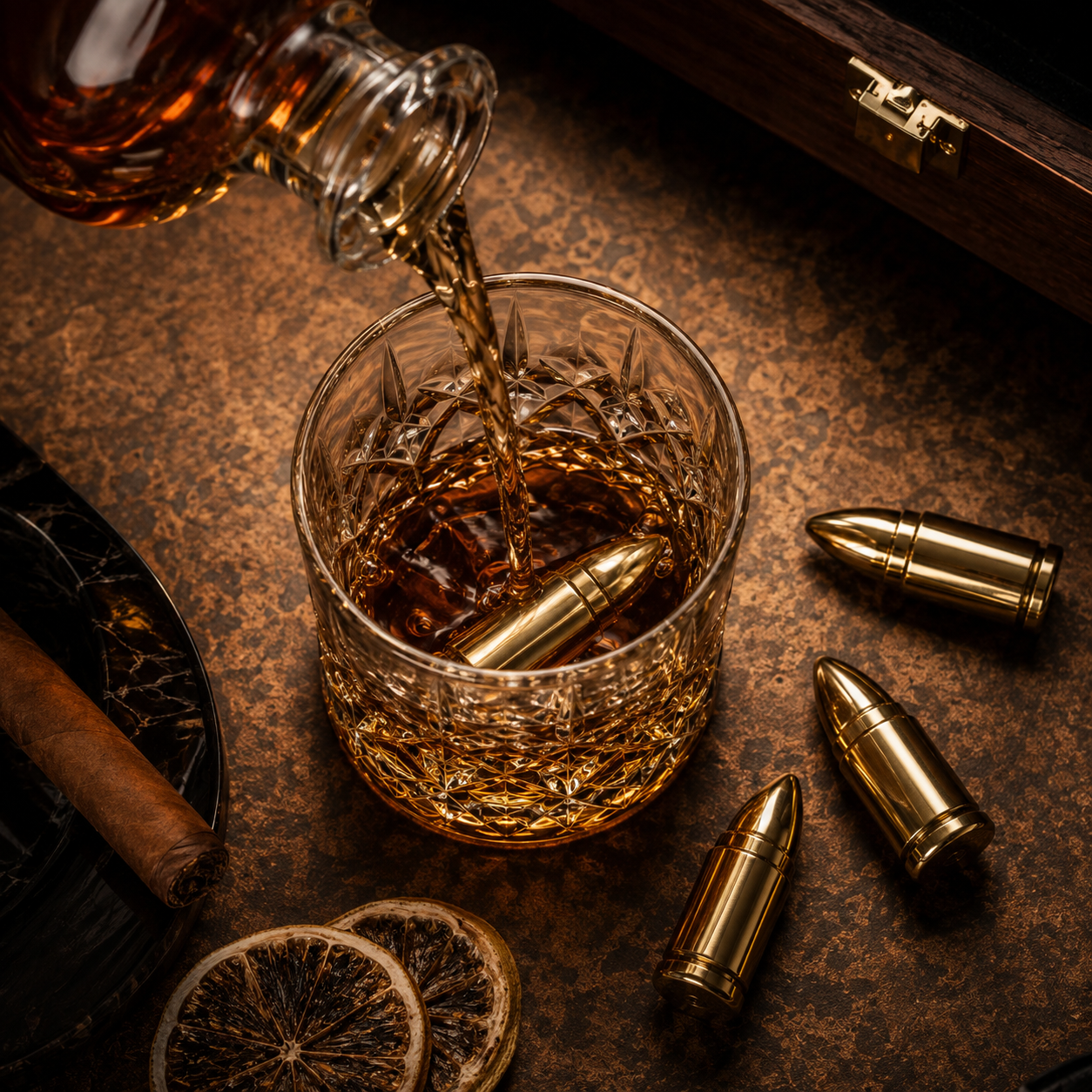 Set Premium Whisky cu 2 Pahare și 6 Pietre de Răcire Tip Glonț – Cutie Cadou din Lemn