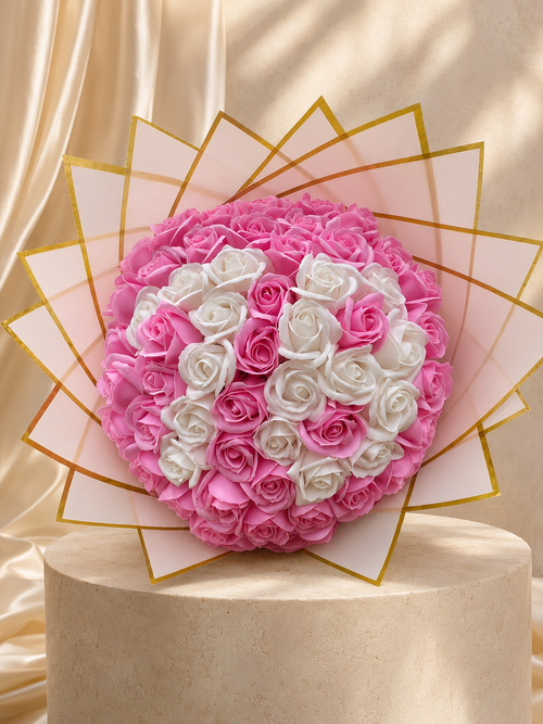 Buchet Éternelle 18 – 101 Trandafiri Artizanali Roz și Albi