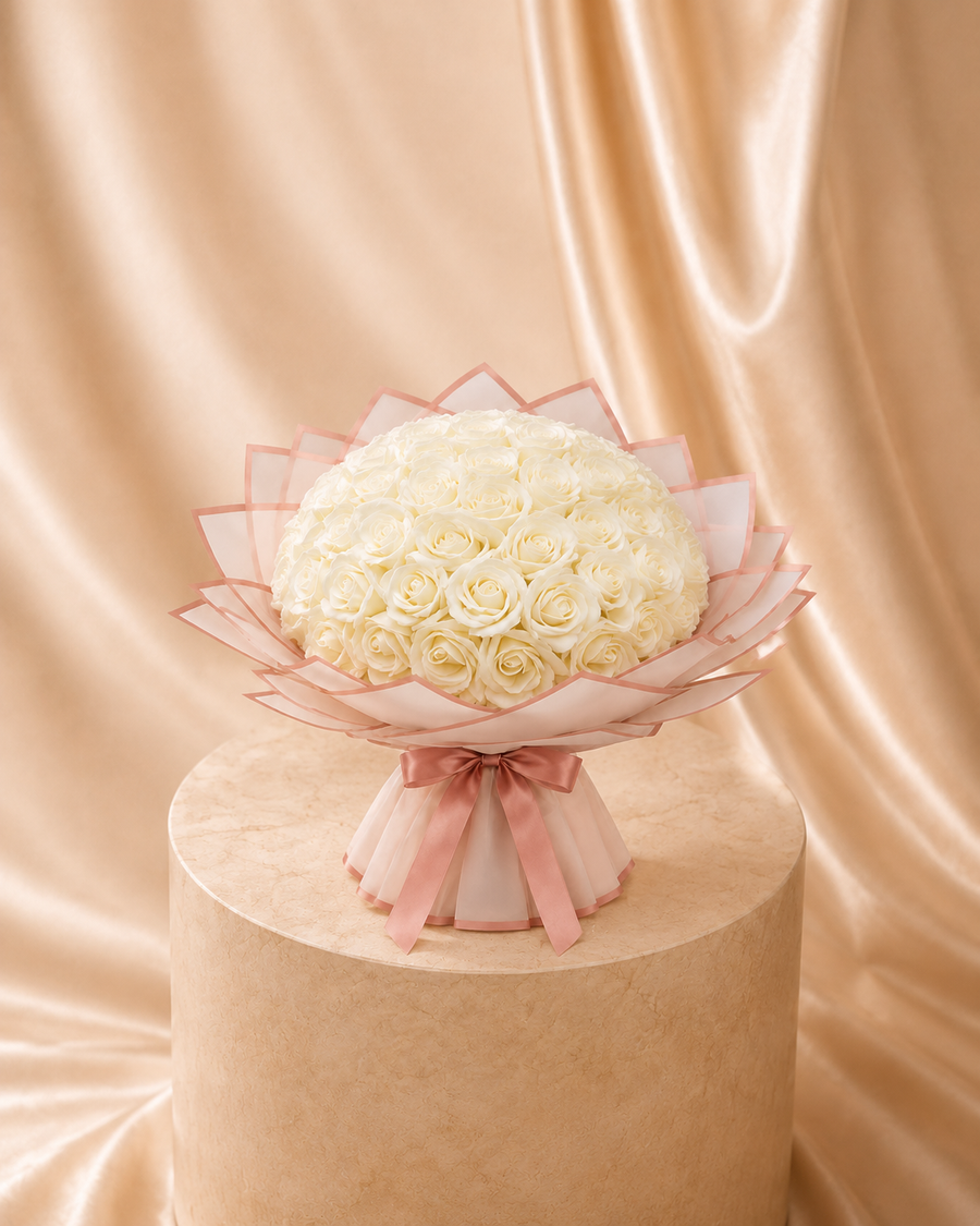 Buchet Éternelle Blanc – 51 Trandafiri Artizanali