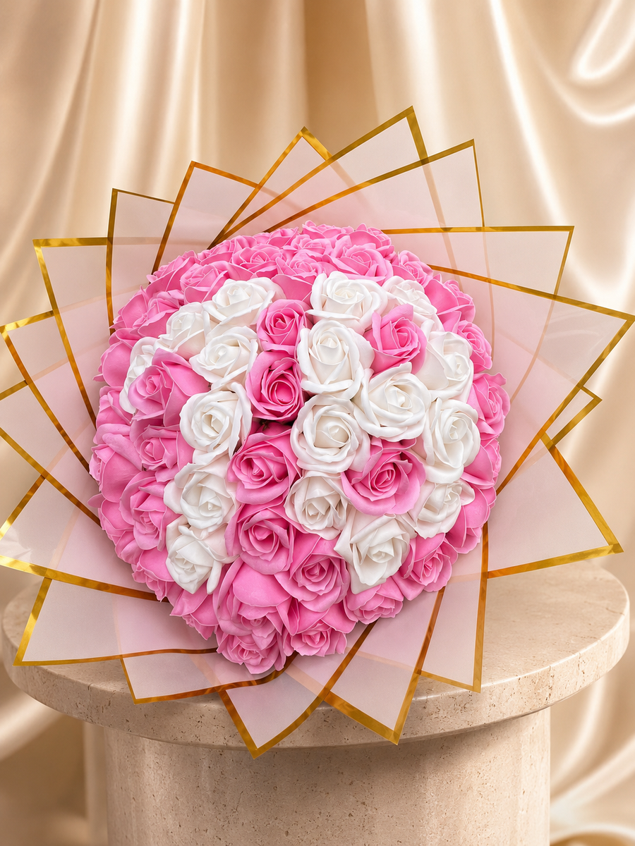 Buchet Éternelle 18 – 101 Trandafiri Artizanali Roz și Albi