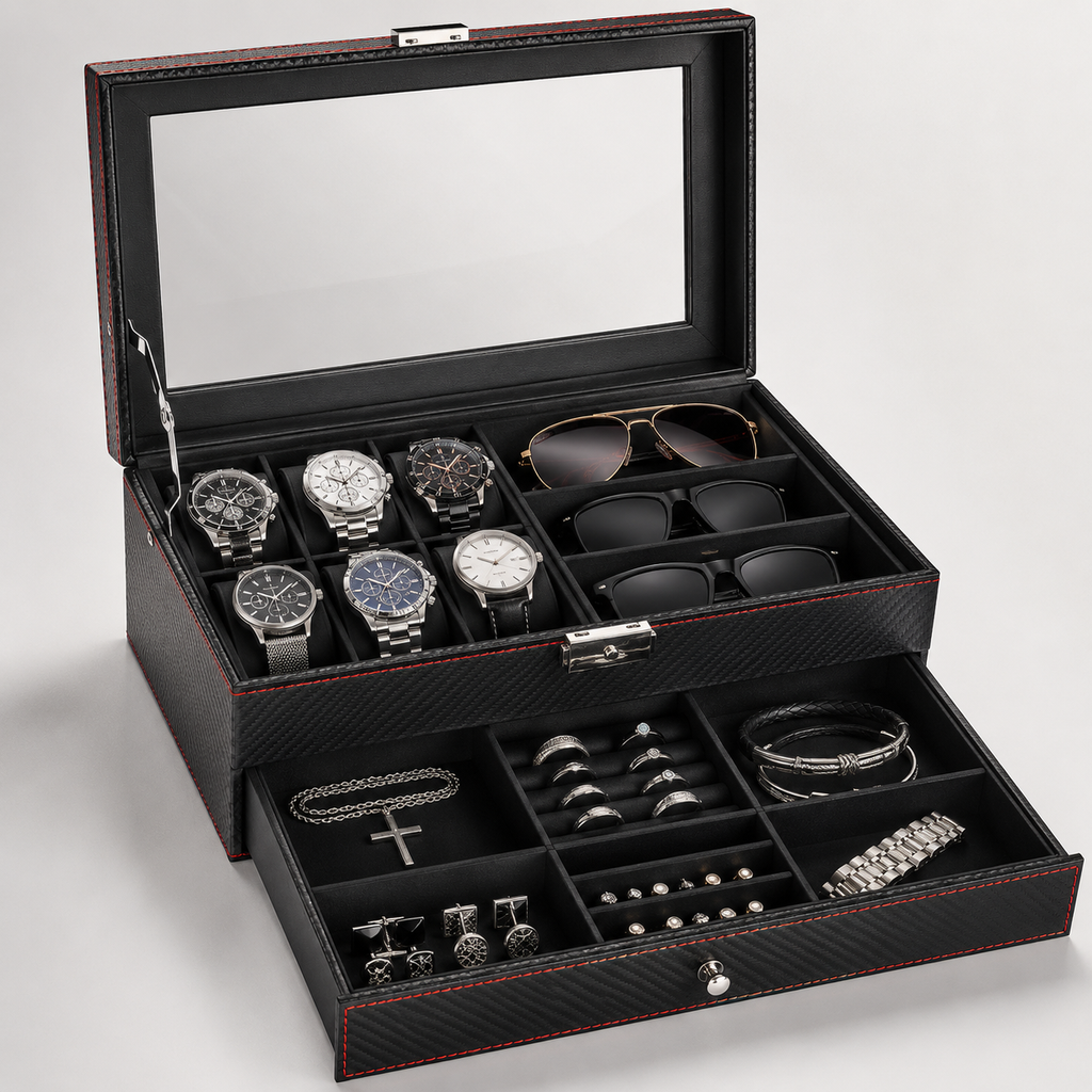 Cutie Premium pentru Ceasuri, Ochelari și Bijuterii – Finisaj Carbon, 2 Niveluri