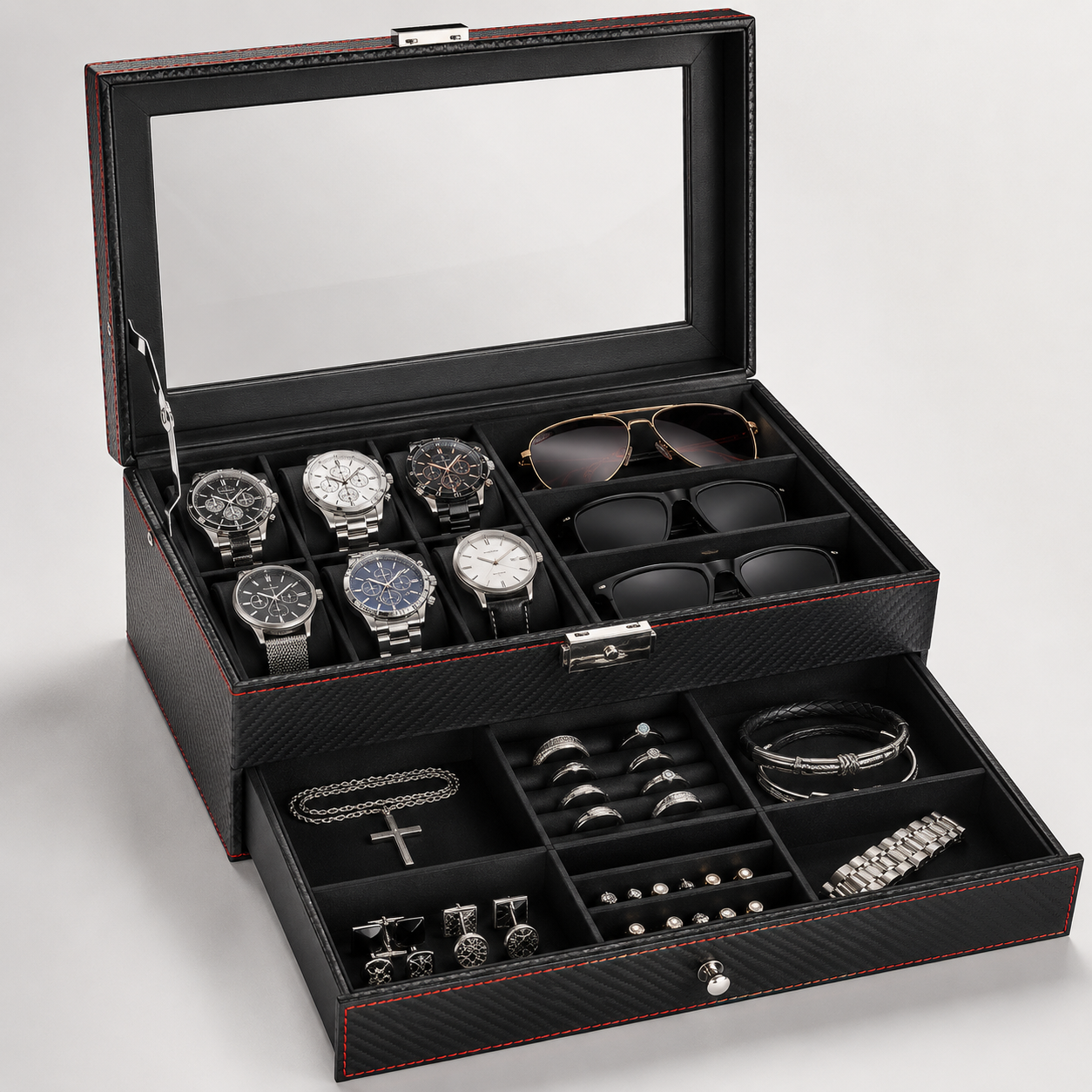 Cutie Premium pentru Ceasuri, Ochelari și Bijuterii – Finisaj Carbon, 2 Niveluri