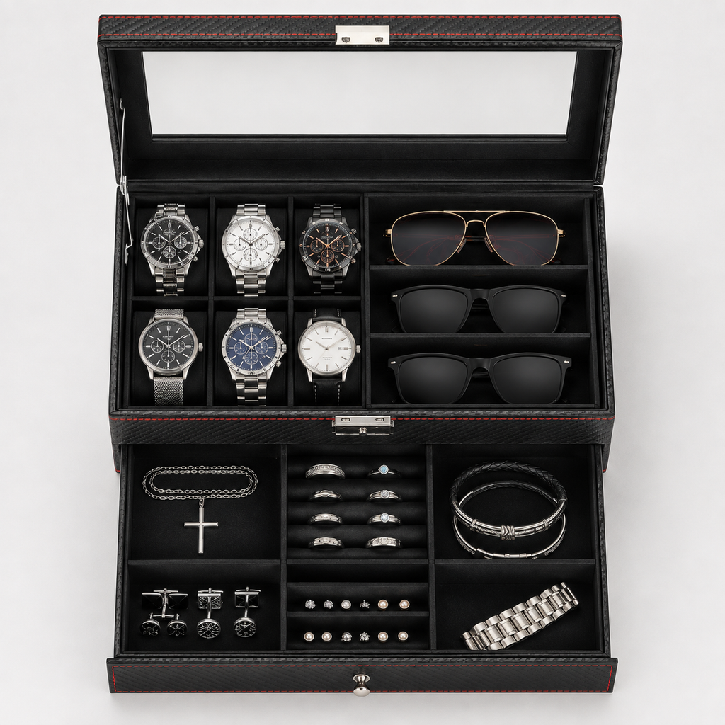 Cutie Premium pentru Ceasuri, Ochelari și Bijuterii – Finisaj Carbon, 2 Niveluri