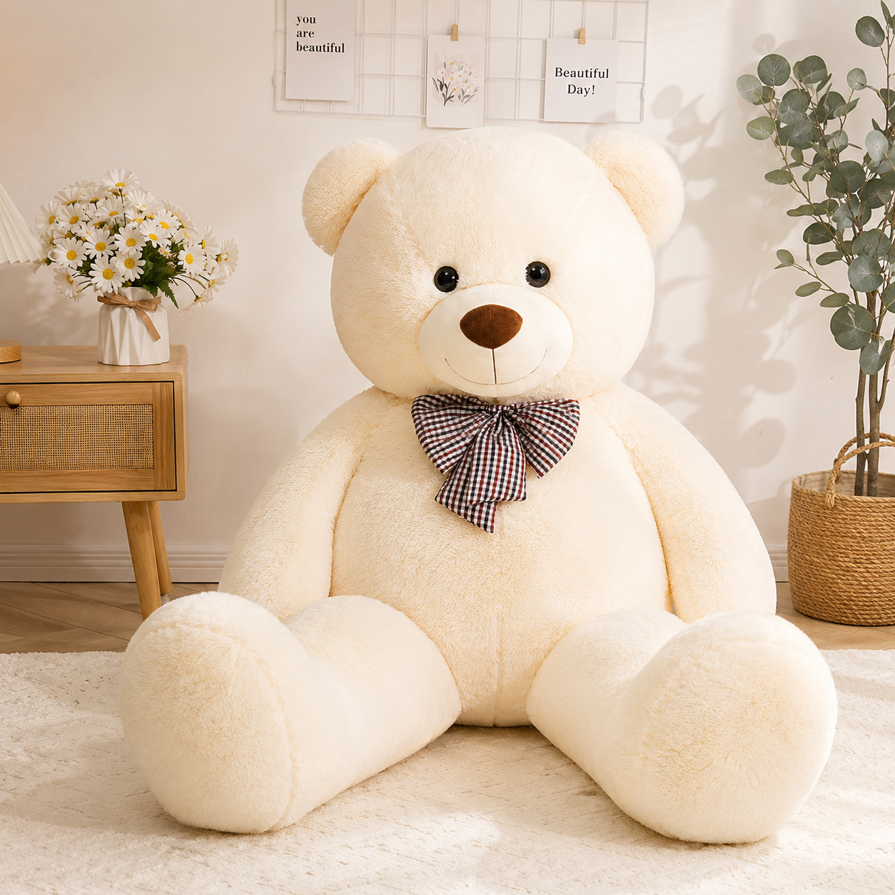Ursuleț de Pluș Gigant 140 cm, Crem, cu Fundă în Carouri – Cadou Romantic XXL