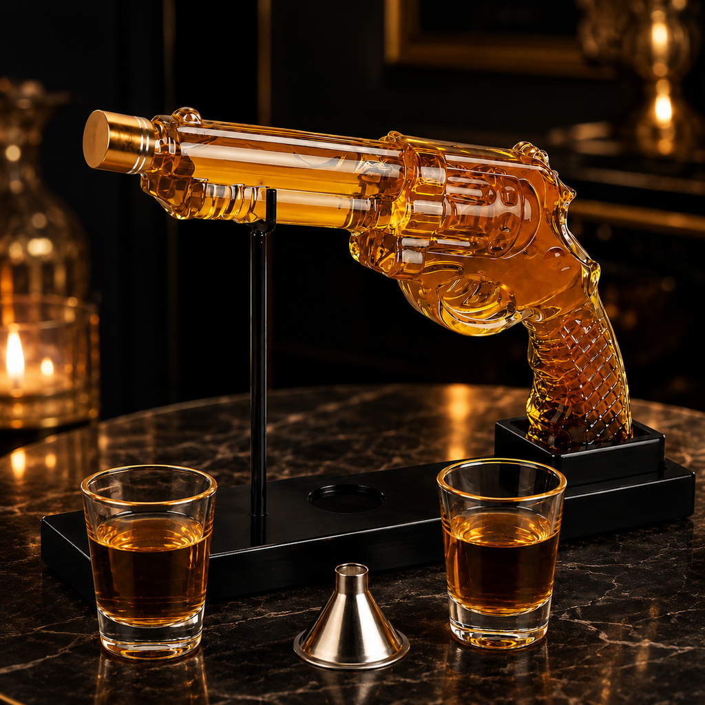 Set Decantor Whisky „Revolver” cu 2 Pahare și Suport Premium – Cadou pentru El