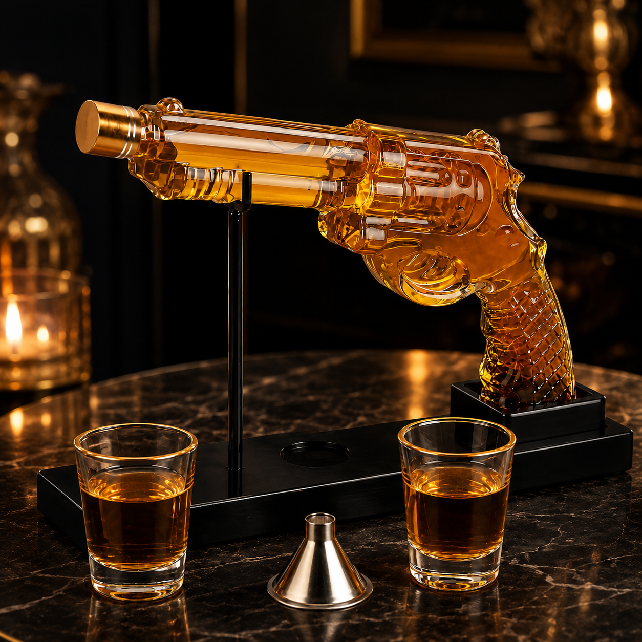 Set Decantor Whisky „Revolver” cu 2 Pahare și Suport Premium – Cadou pentru El