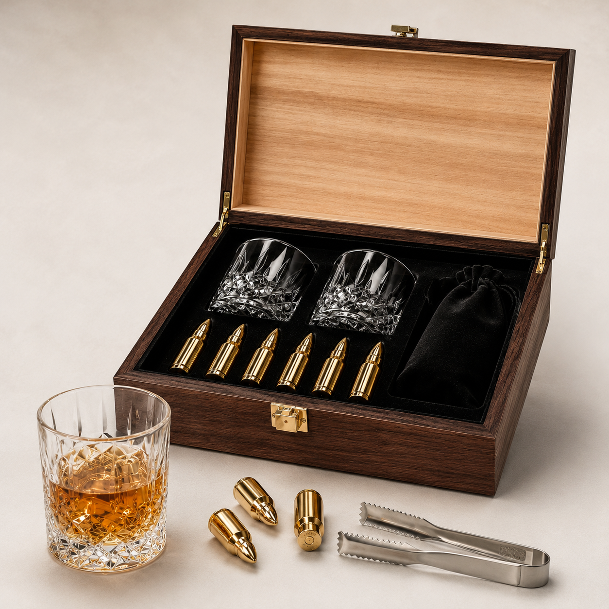 Set Premium Whisky cu 2 Pahare și 6 Pietre de Răcire Tip Glonț – Cutie Cadou din Lemn
