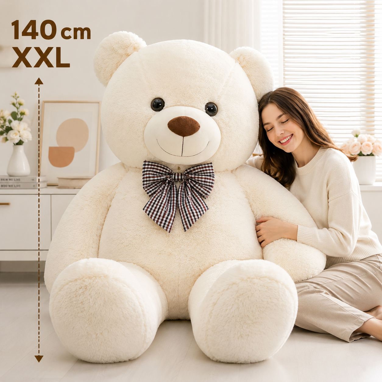 Ursuleț de Pluș Gigant 140 cm, Crem, cu Fundă în Carouri – Cadou Romantic XXL