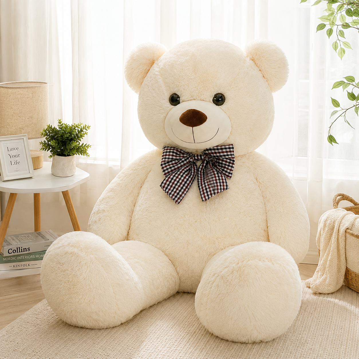 Ursuleț de Pluș Gigant 140 cm, Crem, cu Fundă în Carouri – Cadou Romantic XXL