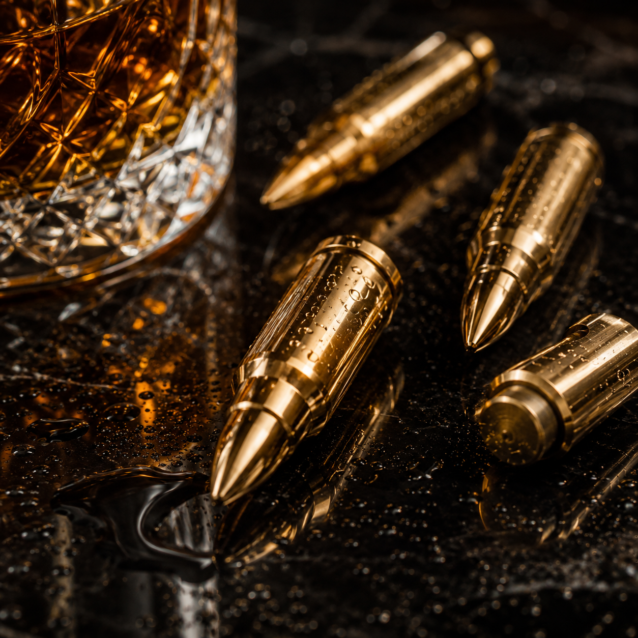 Set Premium Whisky cu 2 Pahare și 6 Pietre de Răcire Tip Glonț – Cutie Cadou din Lemn