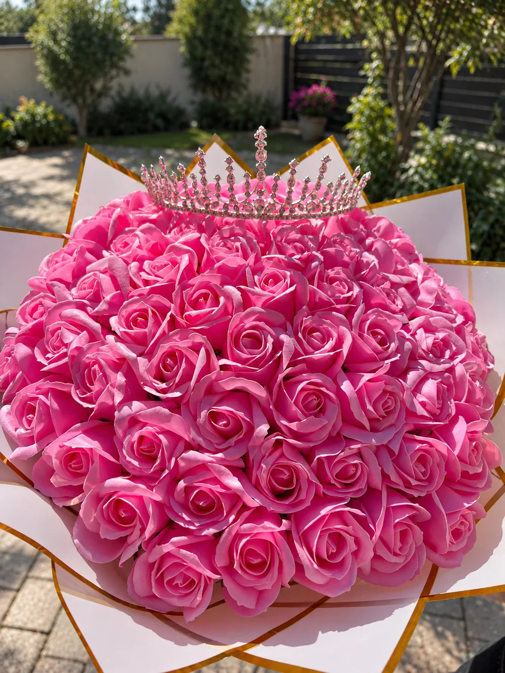 Buchet Lussera roz cu tiară, fotografiat într-o curte elegantă